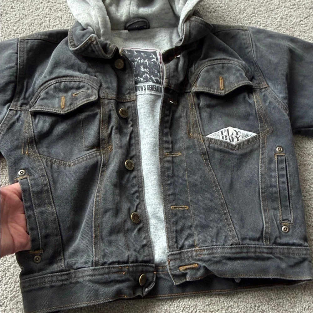 Tomorrow’s Generation FLY BOY size 10 Kids Black Denim Jacket with gray Hood